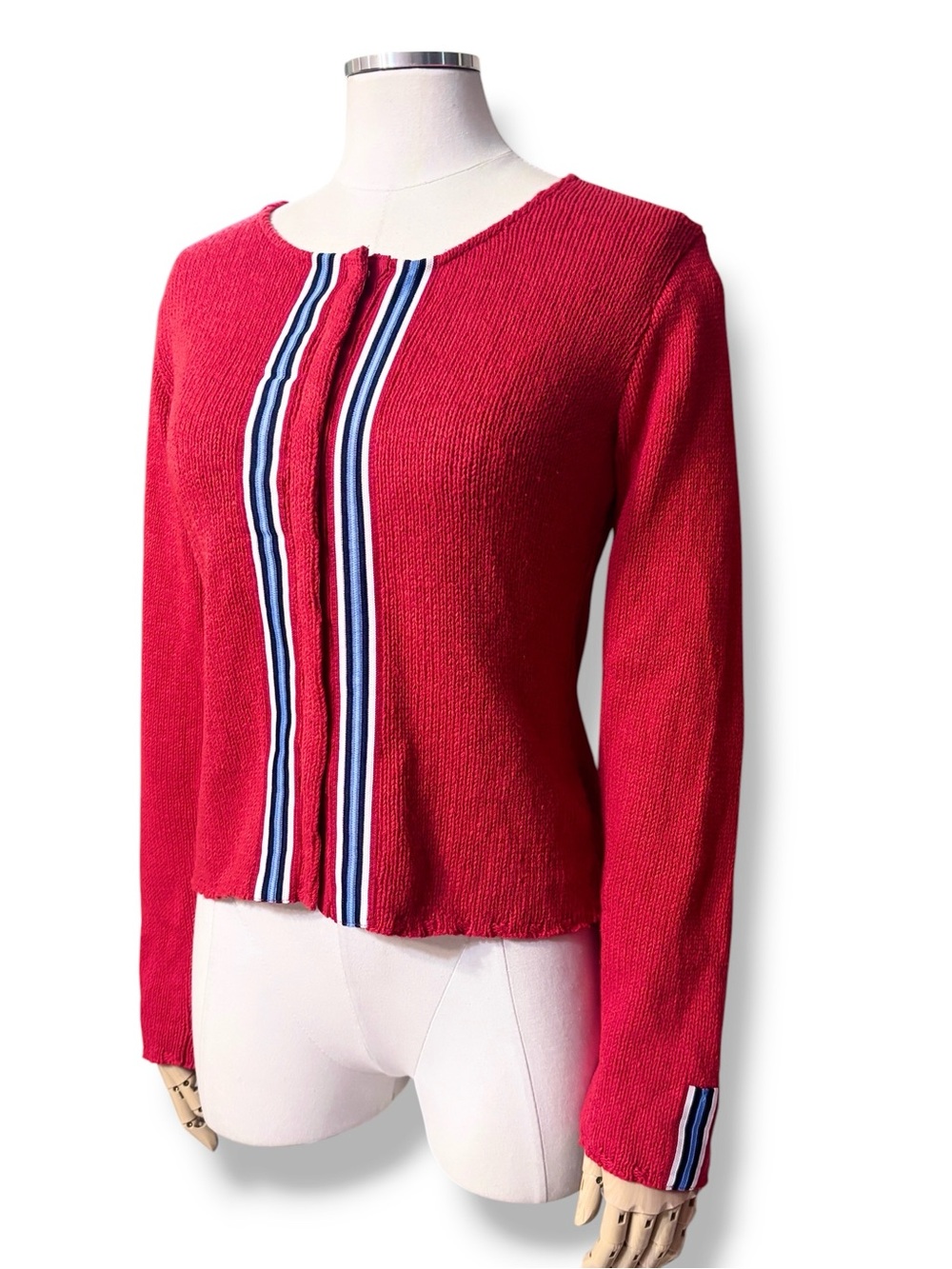 RELAIS x BOSTON PROPER Red Snap Front Cardigan Grosgrain Ribbon Trim VINTAGE